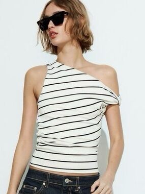 ZARA Asymmetrical Ruched Striped Top Size L